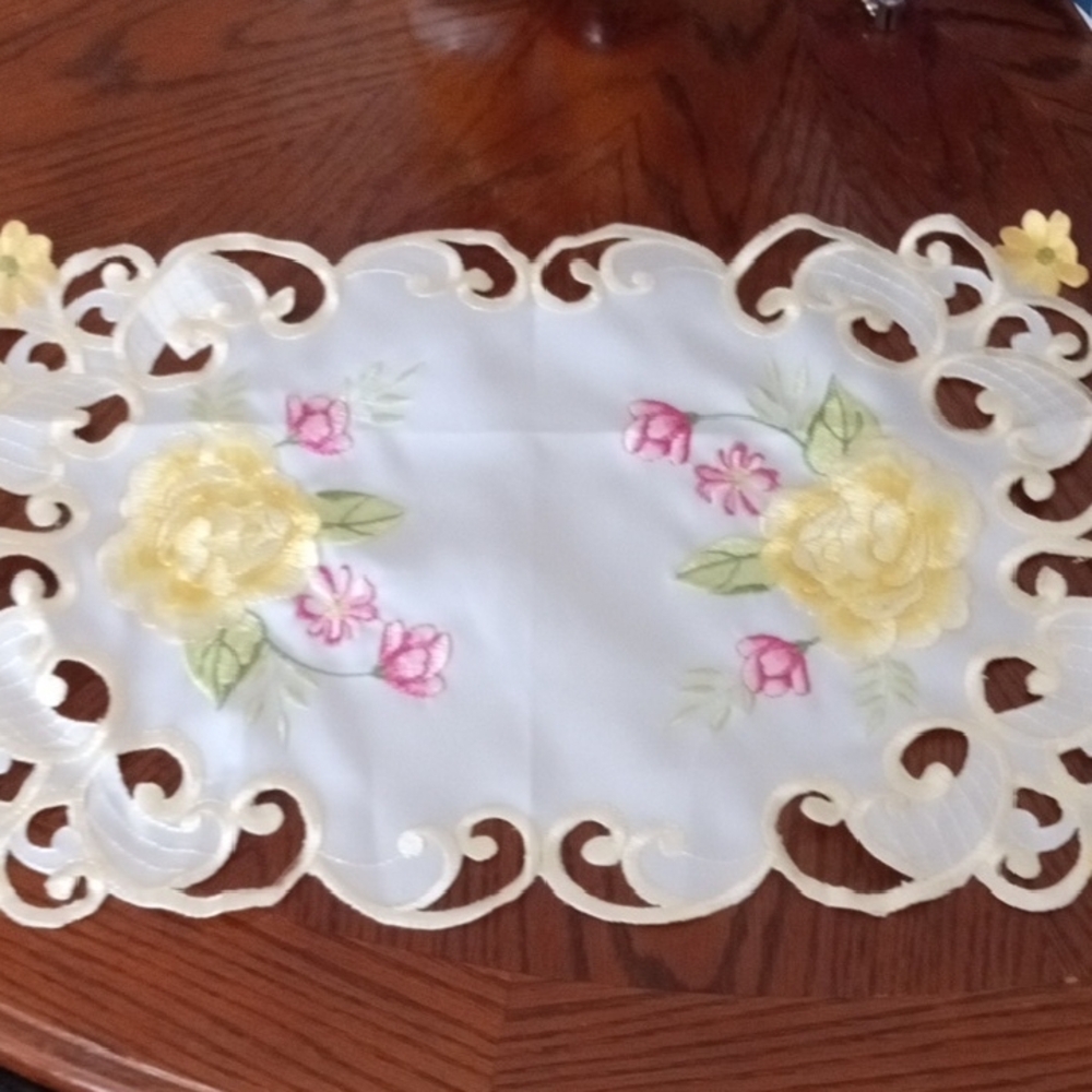 Floral Embroidered Table Runner - Yellow and Pink